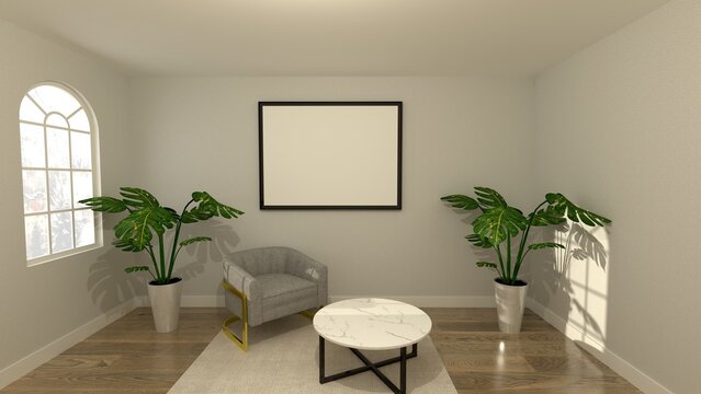 Pokój z pustą ramą na obraz, fotelem, kwiatami i stolikiem kawowym na tle białej ściany