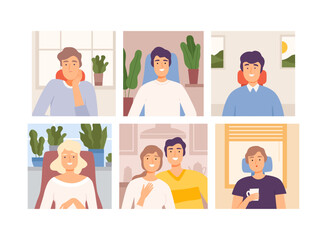 Smiling Man and Woman Meeting Online Having Video Call Vector Set