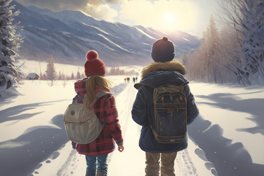 Children Go To School On A Snowy Road In Winter, Illustration Generative AI