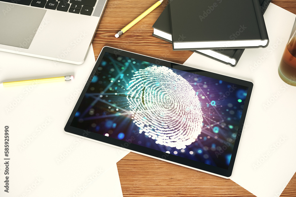 Leinwandbilder top view of modern digital tablet display with abstract creative fingerprint illustration, personal 