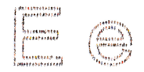 Concept or conceptual large community of people forming the font E. 3d illustration metaphor for unity and diversity, humanitarian, teamwork, cooperation, education, friendship and community