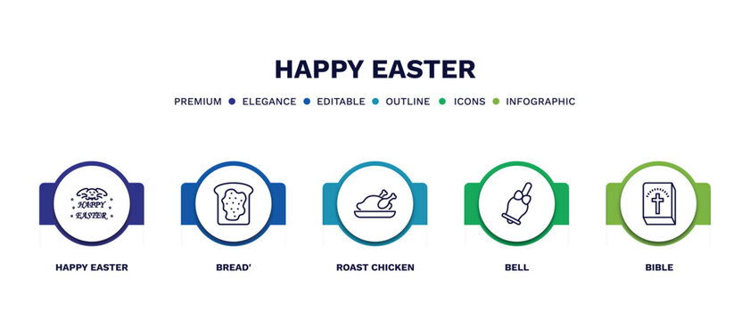 set of happy easter thin line icons. happy easter outline icons with infographic template. linear icons such as happy easter, bread', roast chicken, bell, bible vector.