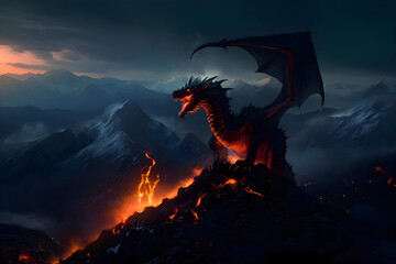 Fire breathes explode from a giant dragon in a black night, the epic battle evil concept art - obrazy, fototapety, plakaty