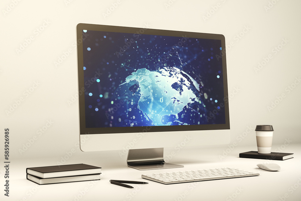 Leinwandbilder abstract creative coding concept with world map on modern laptop screen. 3d rendering