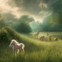 sci fi horses in meadow - 1