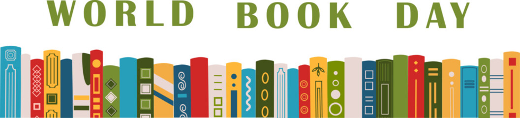 World book day banner. Horizontal banner with different books. Advertising template for bookstore,bookshop, library. Vector illustation.