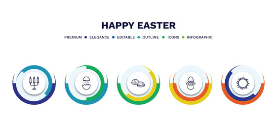 set of happy easter thin line icons. happy easter outline icons with infographic template. linear icons such as candelabra, hatch, buns, easter bunny, crown of throns vector.