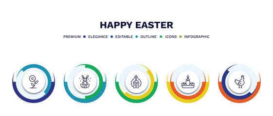 set of happy easter thin line icons. happy easter outline icons with infographic template. linear icons such as flower, happy easter, wreath, candle, hen vector.