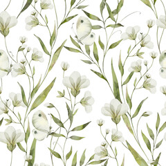 Floral seamless watercolor pattern - a composition of green leaves, branches and flowers on a white background. Perfect for wrappers, wallpapers, postcards, greeting cards, wedding invitations. 
