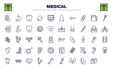 set of medical thin line icons. medical outline icons such as transfusion, premolar, lifeline, medical insurance, intestines, antibiotic, femur, caries, records vector.