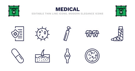 set of medical thin line icons. medical outline icons such as microbe, dental drill, braces, , plastered foot, plastered foot, pill, epidermis, knee, bacteria vector.