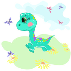 Vector illustration of  cute fabulous dinosaur. Template for social media posts, stories, banners.Hand drawn animal, for kids, books, applications, covers, wallpapers, stickers, business cards