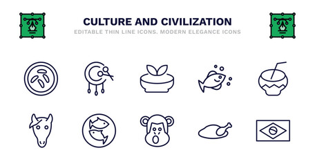 set of culture and civilization thin line icons. culture and civilization outline icons such as native american drum, gazpacho, marine fish, kalabas, horse head, horse head, imperial carp, chimp