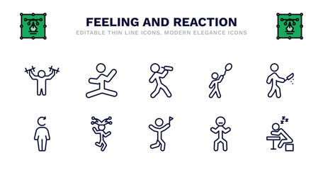 set of feeling and reaction thin line icons. feeling and reaction outline icons such as silly human, drained human, hopeful human, awful refreshed refreshed funny accomplished determined lazy