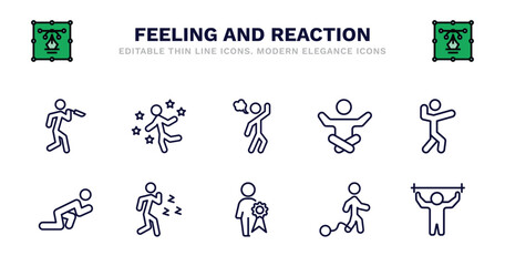 set of feeling and reaction thin line icons. feeling and reaction outline icons such as great human, annoyed human, relieved human, amazing ready ready pissed off special guilty pumped vector.