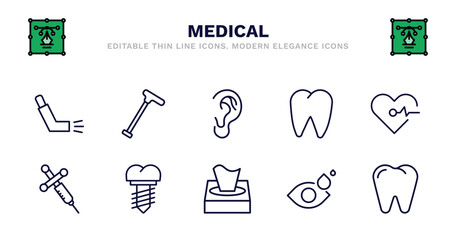 set of medical thin line icons. medical outline icons such as walking stick, ear, tooth, cardiogram, anesthesia, anesthesia, implants, tissue paper, eye drops, premolar vector.