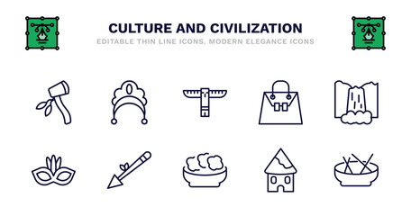 set of culture and civilization thin line icons. culture and civilization outline icons such as kokoshnik, native american totem, crocodile leather bag, maletsunyane, brazil carnival mask, brazil - obrazy, fototapety, plakaty