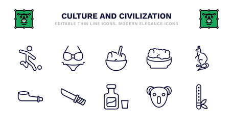 set of culture and civilization thin line icons. culture and civilization outline icons such as female bikini piece, rice pudding, corn with pine, australian kangaroo, pipe of peace, pipe of peace,