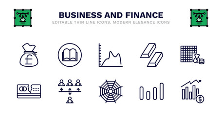 set of business and finance thin line icons. business and finance outline icons such as story, smooth line chart, ingot, economy games, broken credit card, broken credit card, increase team work,