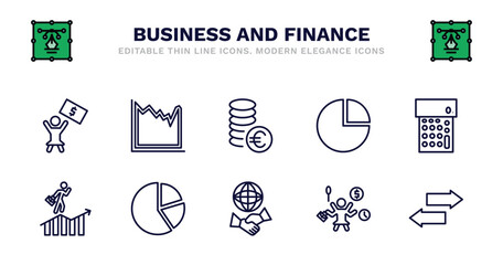 set of business and finance thin line icons. business and finance outline icons such as spike chart, euro coins stack, infographic elements, calculator maths tool, success man, success man, pie