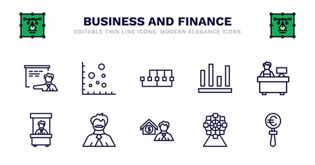 set of business and finance thin line icons. business and finance outline icons such as scatter chart, points connected chart, column chart, supermarket cashier, bank teller, bank teller, man with