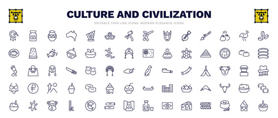 set of culture and civilization thin line icons. culture and civilization outline icons such as native american drum, native american pot, coffee grains, calumet, aw on a branch, mantecados, gecko