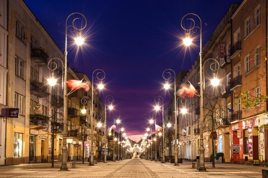 Kielce, Poland - November 12, 2019: The representative street of Kielce called Henryk Sienkiewicz on Independence Day.