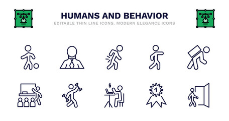 set of humans and behavior thin line icons. humans and behavior outline icons such as businessman with tie, pain, man pointing, carrying on back, classroom, classroom, fitness exercises, online