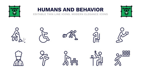 set of humans and behavior thin line icons. humans and behavior outline icons such as wheel chair, vacuum cleaning, sitting down, begging, kitchen chef, kitchen chef, smortsmen, hotel supplier,