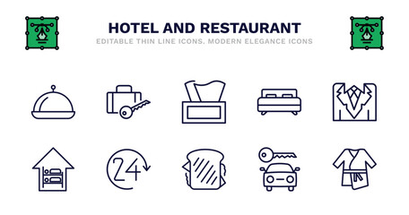 set of hotel and restaurant thin line icons. hotel and restaurant outline icons such as left-luggage, napkins, beds, suits, hostel, hostel, 24 service, sandwich, rent a car, bathrobe vector.