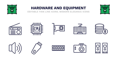 set of hardware and equipment thin line icons. hardware and equipment outline icons such as gpu, network interface card, keyboard wire, recharge, loudspeakers, loudspeakers, pendrive with cover,