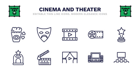 set of cinema and theater thin line icons. cinema and theater outline icons such as sad mask, film reel playing, big film roll, star movie award, cinema ticket window, ticket window, clapperboard,