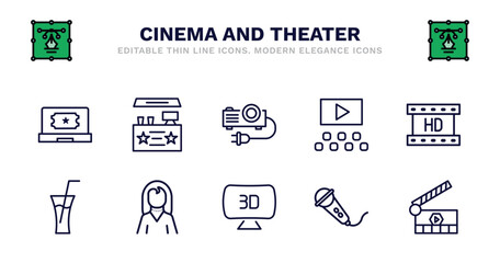 set of cinema and theater thin line icons. cinema and theater outline icons such as cinema snack bar, projector with plug, film viewer, hd video, drink with straw, drink with straw, actress, 3d
