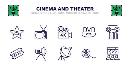 set of cinema and theater thin line icons. cinema and theater outline icons such as television with antenna, 4k fullhd, dvd, theatre pillar, theater ticket, ticket, cinema light source, satellite tv