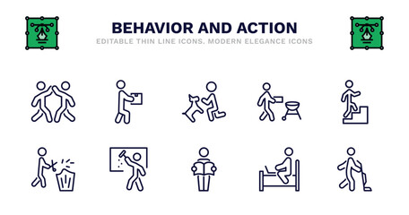set of behavior and action thin line icons. behavior and action outline icons such as stick man with box, man and dog, man with, climbing, prune hedge, prune hedge, window cleaning, reading