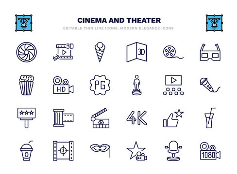 set of cinema and theater thin line icons. cinema and theater outline icons such as camera lens, stripped ice cream cone, movie roll, hd video, film viewer, camera roll, thumb up with star, film