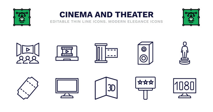 set of cinema and theater thin line icons. cinema and theater outline icons such as laptop with film strip, camera roll, loud woofer box, movie award, tickets, tickets, flat tv, 3d text, movie