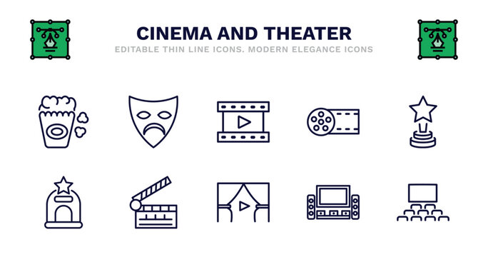 set of cinema and theater thin line icons. cinema and theater outline icons such as sad mask, film reel playing, big film roll, star movie award, cinema ticket window, ticket window, clapperboard,