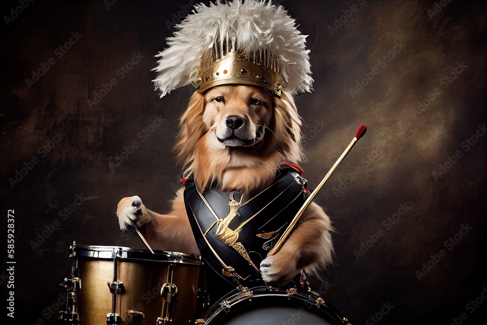 Poster a golden retriever drummer in full rock star regalia, complete with drumsticks and a drum set., created with generative ai