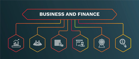 set of business and finance white thin line icons. business and finance outline icons with infographic template. linear icons such as work parteners, economy games, man presentation, big ferris