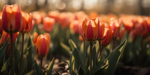 Beautiful growing Tulips, spring flowers, panorama