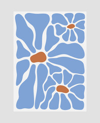 Fototapeta premium Flower poster. Botanical wall arts with trippy groovy spring floral plants in vase. Modern trendy interior cards, decorations, paintings with blossomed blooms. Colored flat vector illustrations