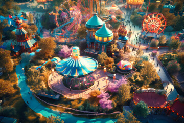 A family-friendly amusement park with thrilling rides and cotton candy
