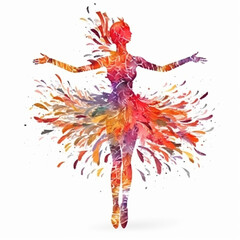 Obraz na płótnie Canvas Lovely girl dressed in colorful feathers dancing on a white background, beautiful spring background, creative wallpaper, ai generative