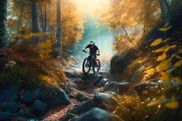 A breathtaking mountain biking trail, with riders navigating treacherous terrain and lush, vibrant foliage framing the action