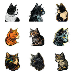 Cat Sticker Flat Icon Set Isolated On White Background