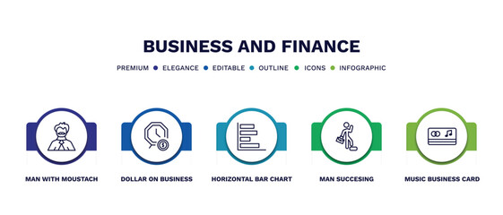 set of business and finance thin line icons. business and finance outline icons with infographic template. linear icons such as man with moustach, dollar on business time, horizontal bar chart, man