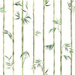 Floral seamless pattern of plants bamboo, isolated vertical watercolor illustration for textile, wallpapers or tender asian background.