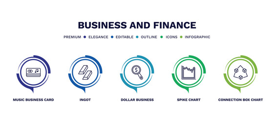 set of business and finance thin line icons. business and finance outline icons with infographic template. linear icons such as music business card, ingot, dollar search, spike chart, connection box