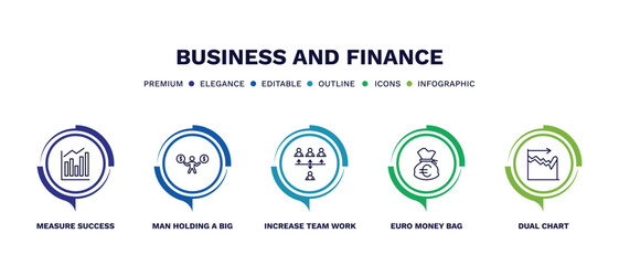 set of business and finance thin line icons. business and finance outline icons with infographic template. linear icons such as measure success, man holding a big coin, increase team work, euro
